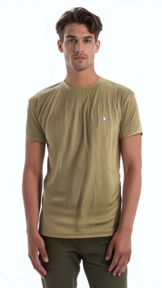 🔥 Summer Plus Jacquard Crew Neck T-Shirt – 100% Poly | Khaki