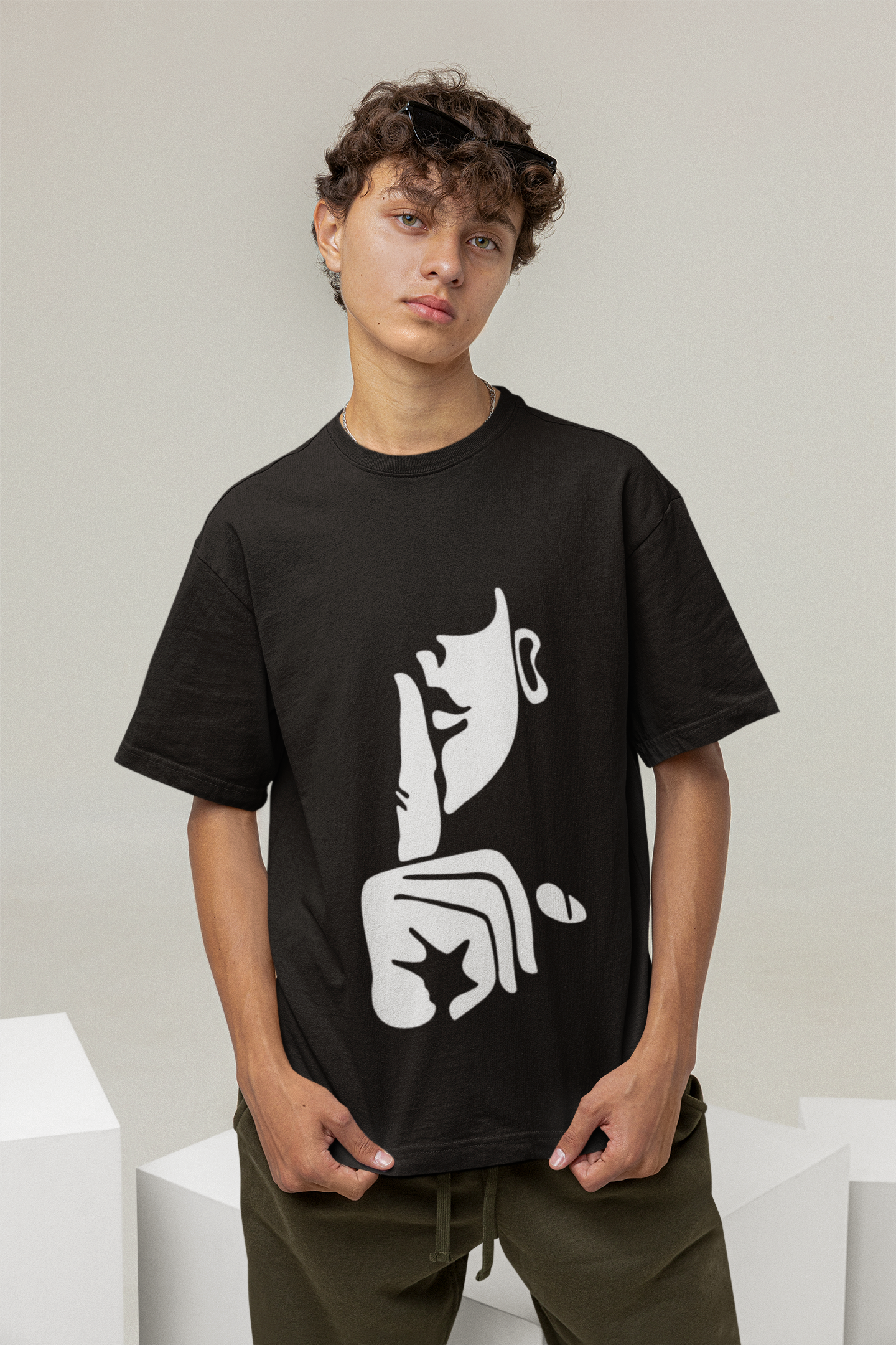 Custom Black Oversized T-Shirt for Men – Finger on Mouth Design