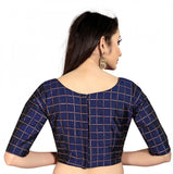 Women's Brocade, Inner-Cotton Full Stitched Padded Blouse (Navy Blue )