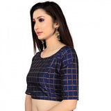 Women's Brocade, Inner-Cotton Full Stitched Padded Blouse (Navy Blue )