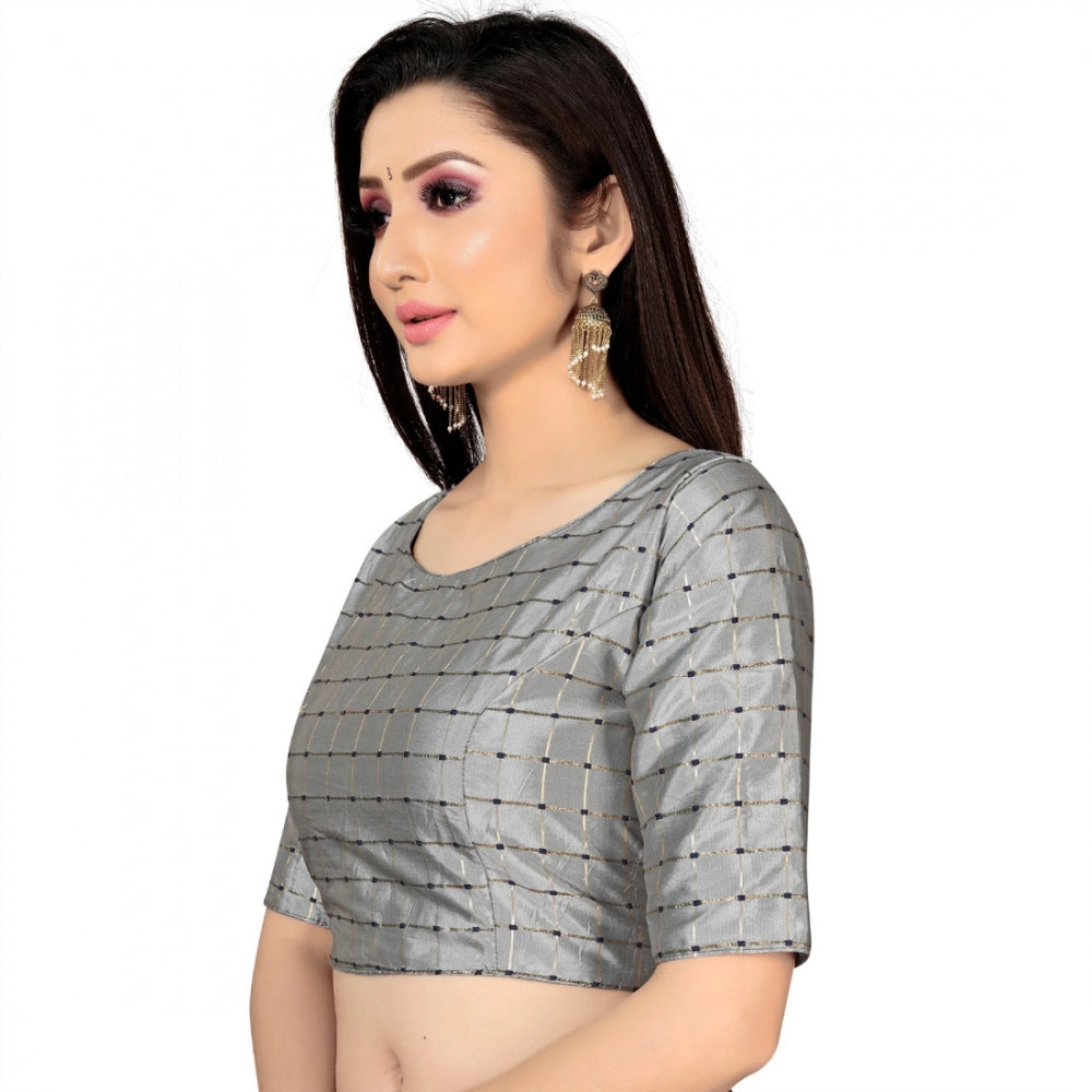 Women's Brocade, Inner-Cotton Full Stitched Padded Blouse (Light Gray )