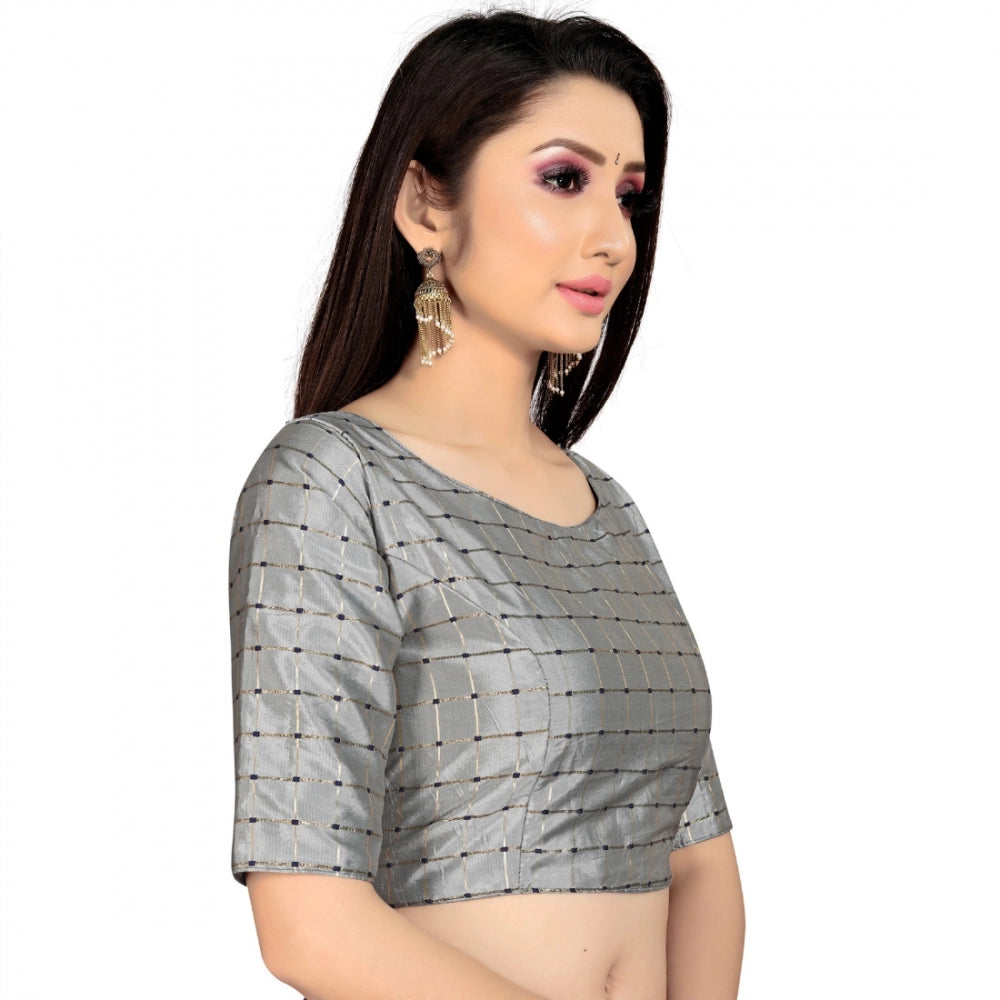 Women's Brocade, Inner-Cotton Full Stitched Padded Blouse (Light Gray )