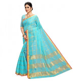 Generic Women's Kota Doria Cotton Checked Saree With Blouse (Sky Blue, 5-6 Mtrs)