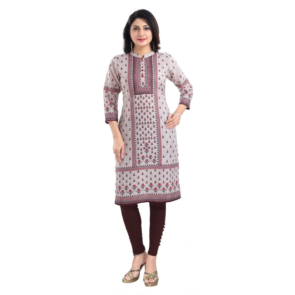 Women's 3/4th Sleeve Cotton Blend Tunic Long Kurti (Beige)