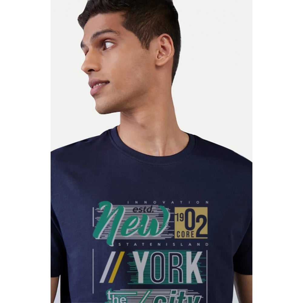 Men's Casual Half sleeve Printed Polyester Crew Neck T-shirt (Navy)