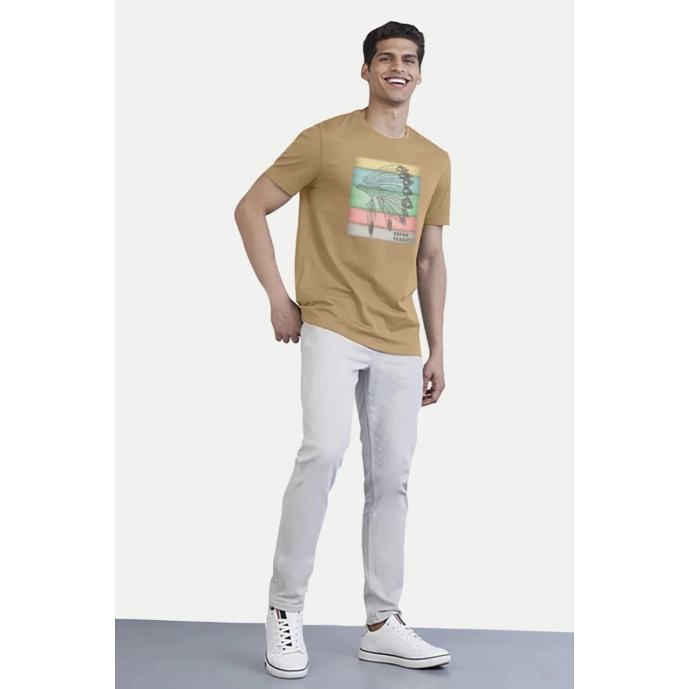 Men's Casual Half sleeve Digital Printed Cotton Crew Neck T-shirt (Sand)