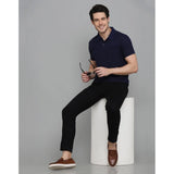 Men's Casual Half Sleeve Solid Cotton Blended Polo Neck T-shirt (Navy Blue)