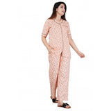 Women's Casual Half Sleeve Printed Viscose Rayon Shirt With Pyjama Pant Night Suit Set (Peach)