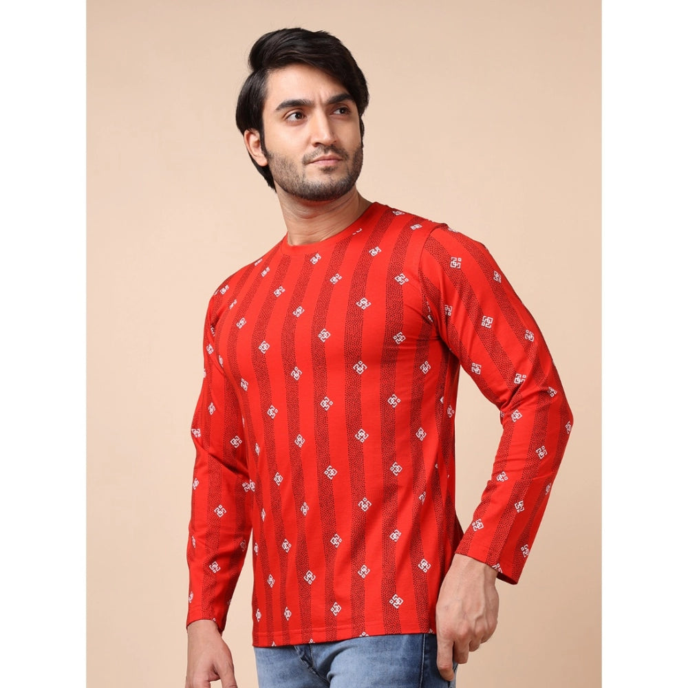 Men's Casual Cotton Printed Round Neck Full Sleeve T-Shirt (Red)