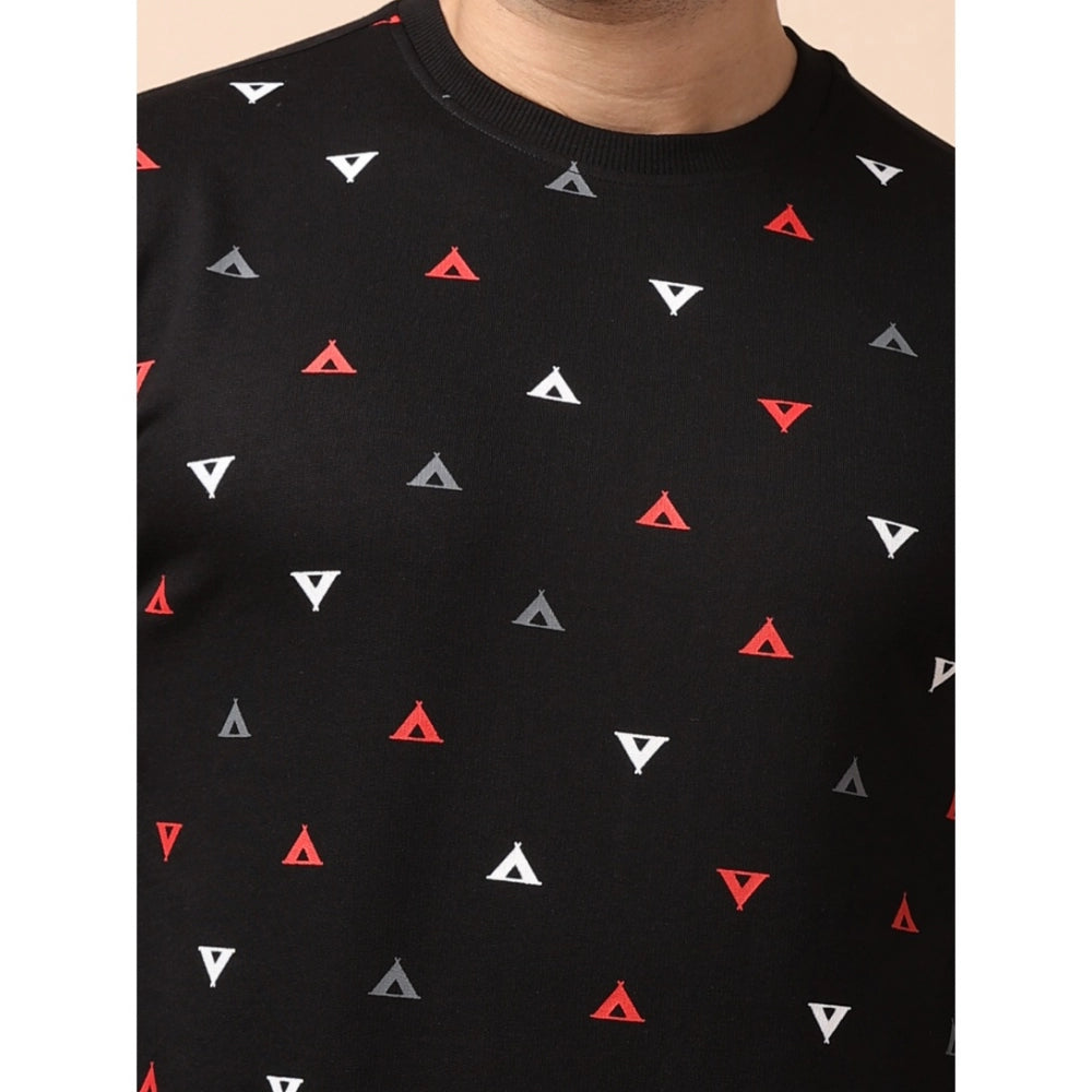 Men's Casual Cotton Printed Round Neck Full Sleeve Sweat T-Shirt (Black)