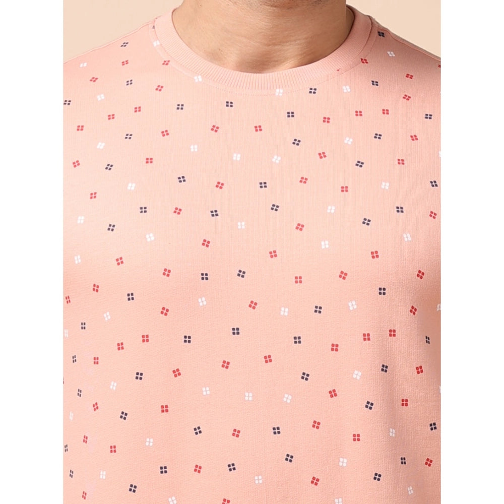 Men's Casual Cotton Printed Round Neck Full Sleeve Sweat T-Shirt (Peach)