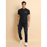 Men's Casual Cotton Printed Mandarin Collar Half Sleeve T-Shirt (Black)