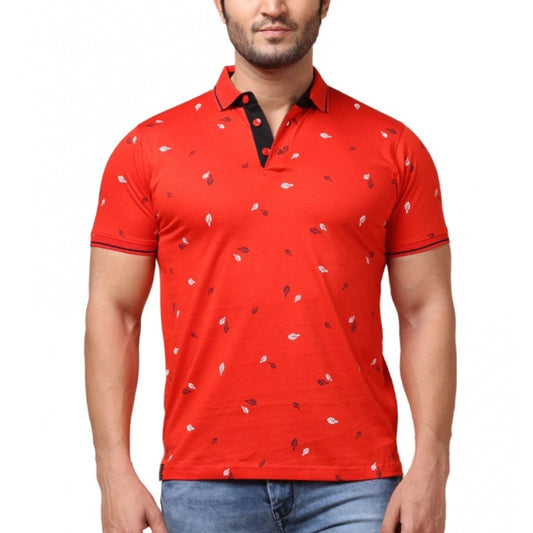 Men's Casual Cotton Printed Polo Neck Half Sleeve T-Shirt (Red)