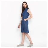 Generic Women's Denim Solid Sleeveless Above Knee Dress (Blue)