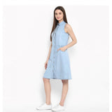 Generic Women's Denim Solid Sleeveless Below Knee Dress (Blue)