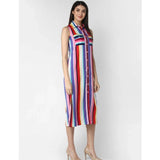 Generic Women's Polyester Striped Sleeveless Calf-length Dress (Multicolor)