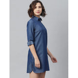 Generic Women's Denim Solid Long Sleeves Above Knee Dress (Navy Blue)