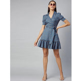 Generic Women's Polyester Polka Short Sleeve Above Knee Dress (Grey - Coral)