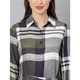 Generic Women's Cotton Checkered Long Sleeves Above Knee Dress (Olive - White)