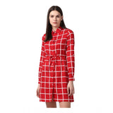 Generic Women's Polyester Checkered Long Sleeves Above Knee Dress (Red)