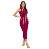 Generic Women's Knitting stretchable Solid Round Neck Sleeveless Dress (Maroon)