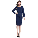 Generic Women's Knitting stretchable Solid Round Neck Full Sleeve Dress (Blue)