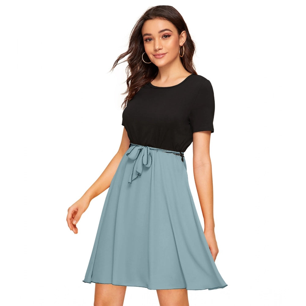 Women's Knitting stretchable Solid Round Neck Cap Sleeve Dress (Pista)
