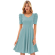Women's Knitting stretchable Solid V Neck Cap Sleeve Dress (Pista)