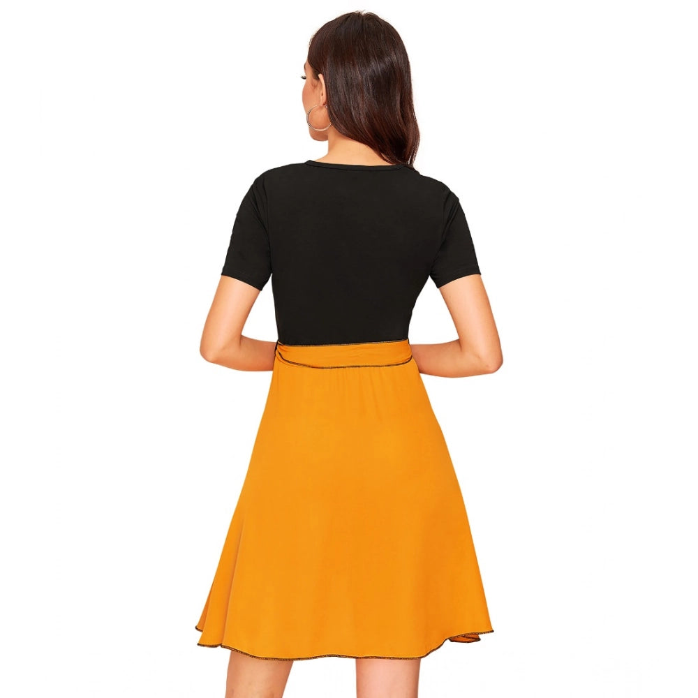 Women's Knitting stretchable Solid Round Neck Cap Sleeve Dress (Yellow)
