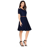 Generic Women's Polyester Solid V Neck Cap Sleeve Dress (Blue)