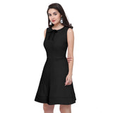 Generic Women's Polyester Solid Round Neck Sleeveless Dress (Black)
