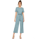 Generic Women's Knitting stretchable Solid Round Neck Cap Sleeve Jumpsuit (Pista )
