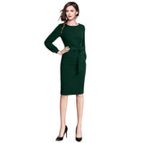 Generic Women's Knitting stretchable Solid Round Neck Full Sleeve Dress (Green)