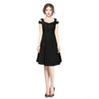 Generic Women's Polyester Solid V Neck Cap Sleeve off Shoulder Dress (Black)