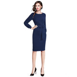 Generic Women's Knitting stretchable Solid Round Neck Full Sleeve Dress (Blue)