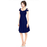 Generic Women's Polyester Solid V Neck Cap Sleeve off Shoulder Dress (Blue)