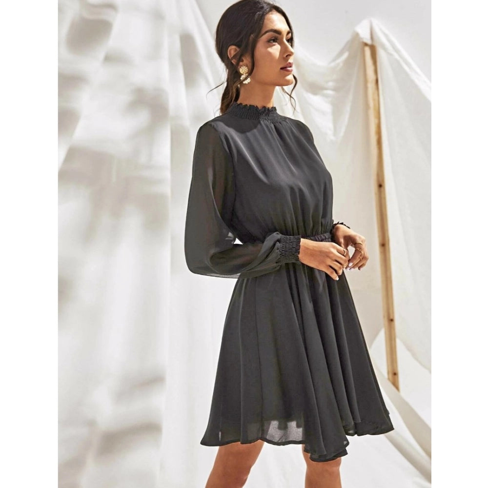 Women's Fox Georgette Solid High Neck Full Sleeve Dress (Grey)