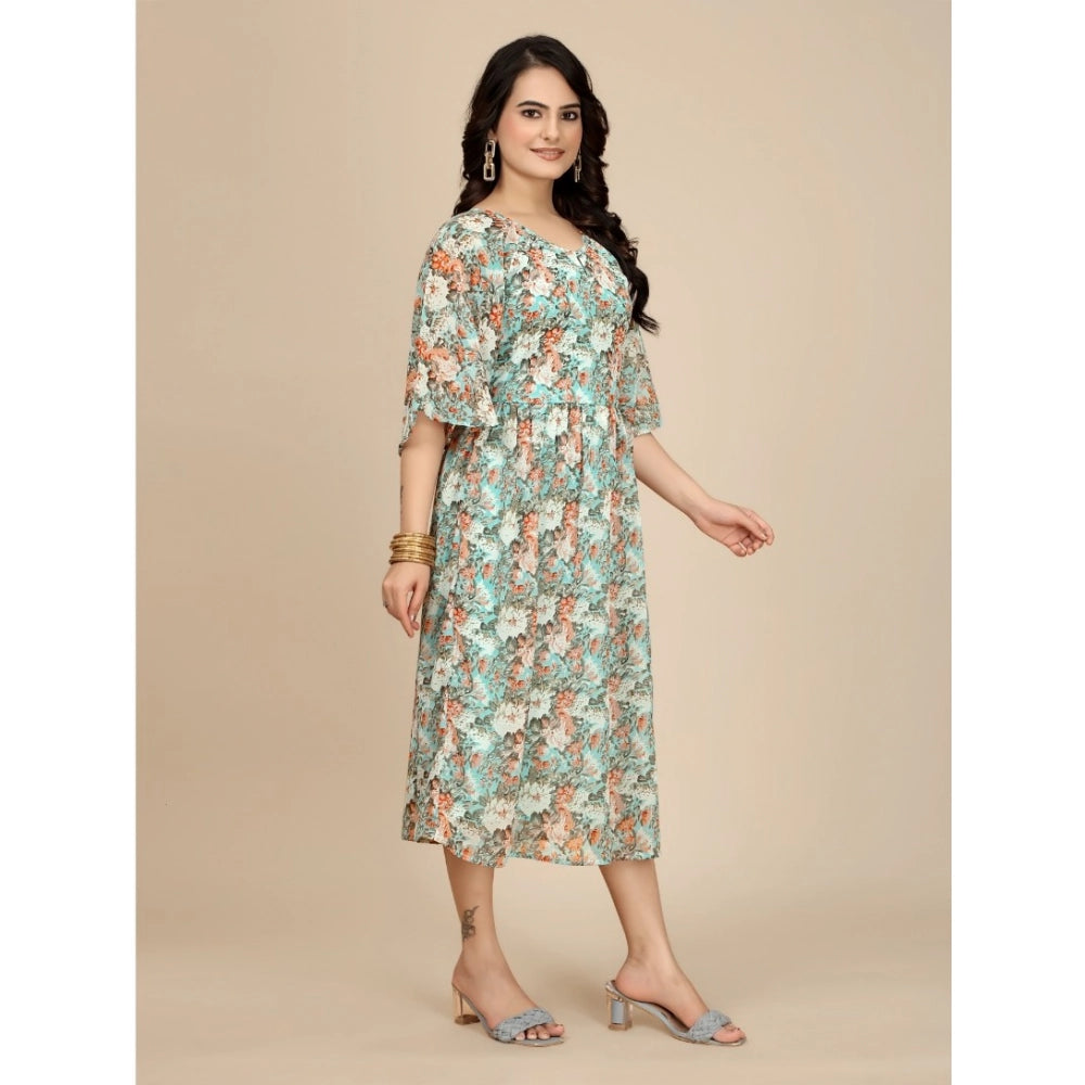 Women's Georgette Printed Round Neck Short Sleeve Dress (Multicolor)
