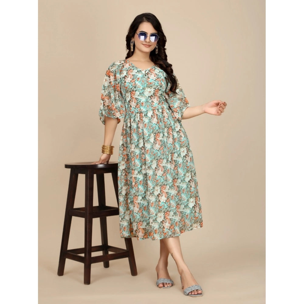 Women's Georgette Printed Round Neck Short Sleeve Dress (Multicolor)