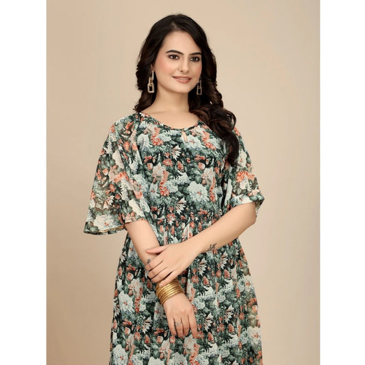 Women's Georgette Printed Round Neck Short Sleeve Dress (Black)