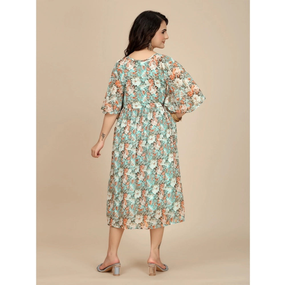 Women's Georgette Printed Round Neck Short Sleeve Dress (Multicolor)