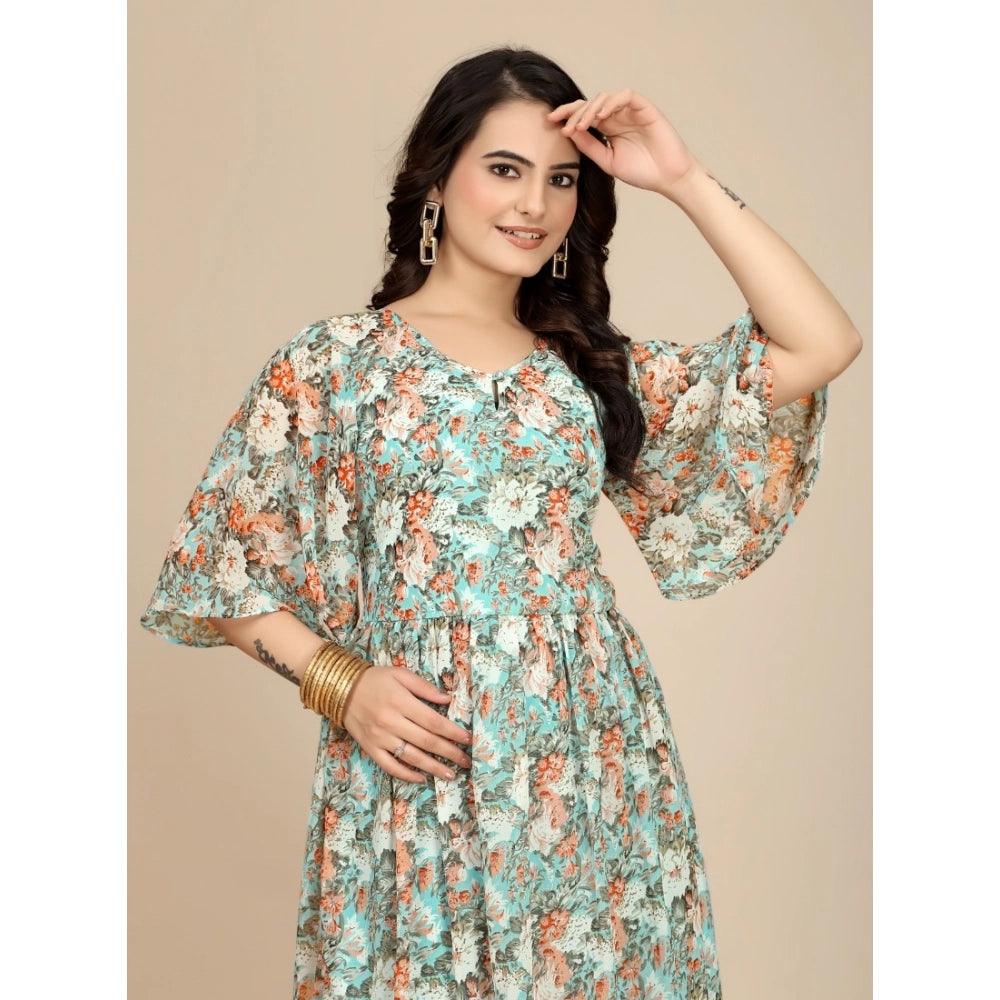 Women's Georgette Printed Round Neck Short Sleeve Dress (Multicolor)