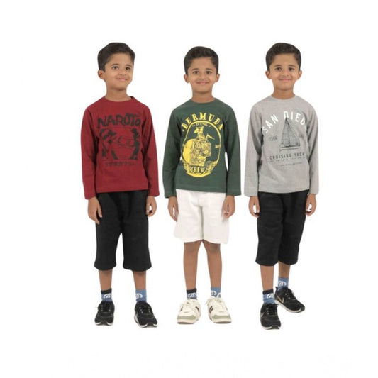 Pack of 3 Boy's Cotton Printed Full Sleeve T-Shirt's (Multicolor)