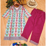 Women's Rayon Printed V Neck 3-4th Sleeve Kurti With Pant Set (Pink)