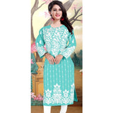 Women's Georgette Printed Round Neck 3-4th Sleeve Kurti (Sky)