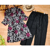 Women's Muslin Printed Mandarin Collar 3-4th Sleeve Kurti With Pant Set (Grey)