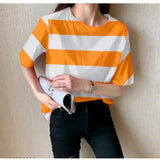 Generic Women's Lycra Striped Round Neck Short Sleeve T-Shirt (White-Orange)