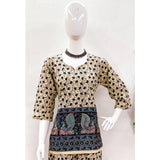 Women's Cotton Jaipuri Printed 3-4th Sleeve Co ord Set (Multicolor)