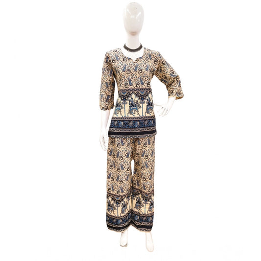 Women's Cotton Jaipuri Printed 3-4th Sleeve Co ord Set (Multicolor)