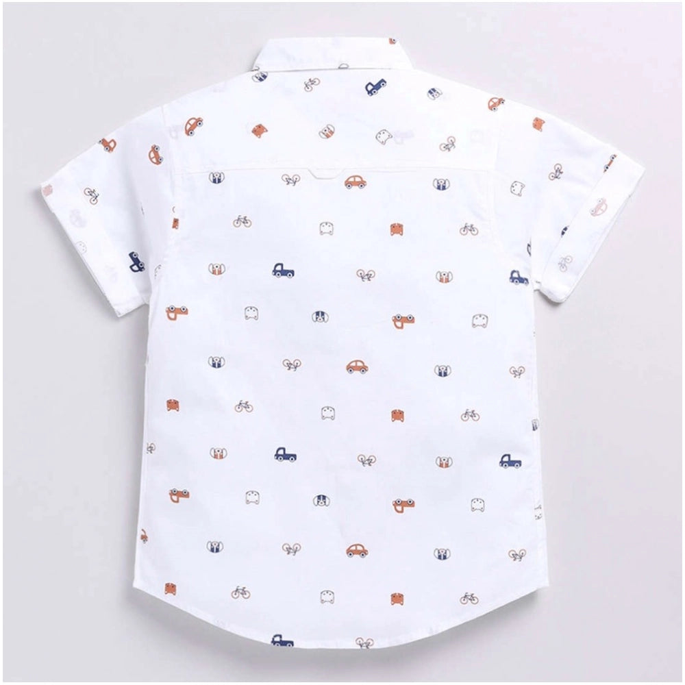 Boy's Cotton Blend Printed Short Sleeve Shirt (White)